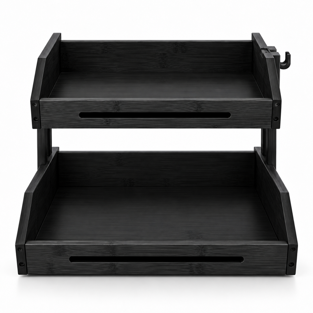 Jet-black bamboo two-tier organizer, elevated front view with empty shelves