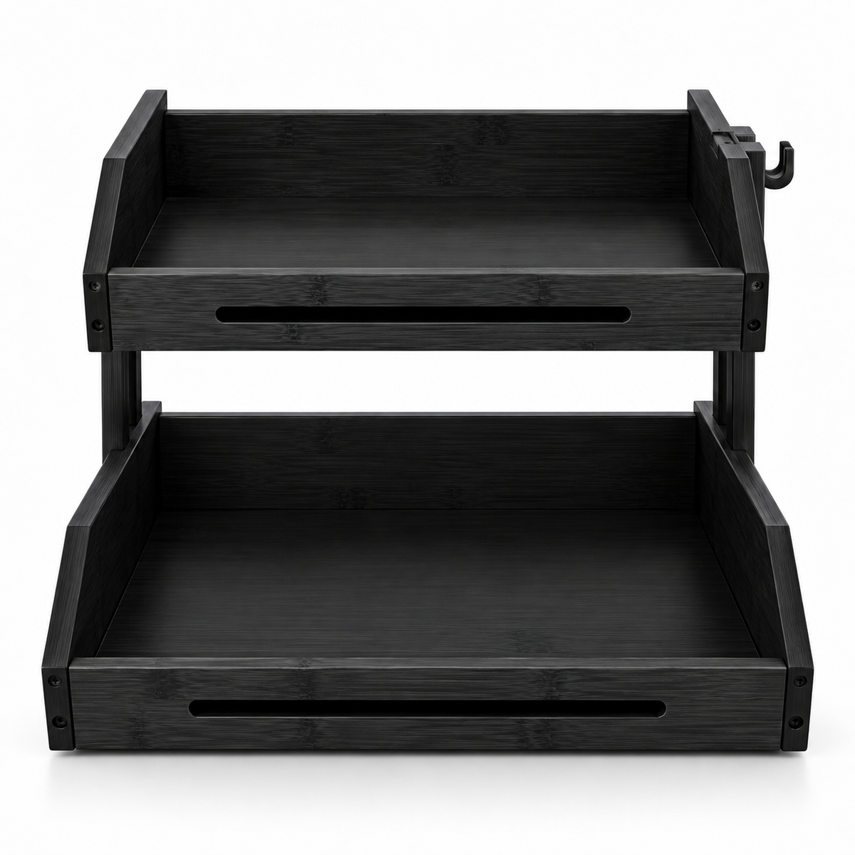 Jet-black bamboo two-tier organizer, elevated front view with empty shelves