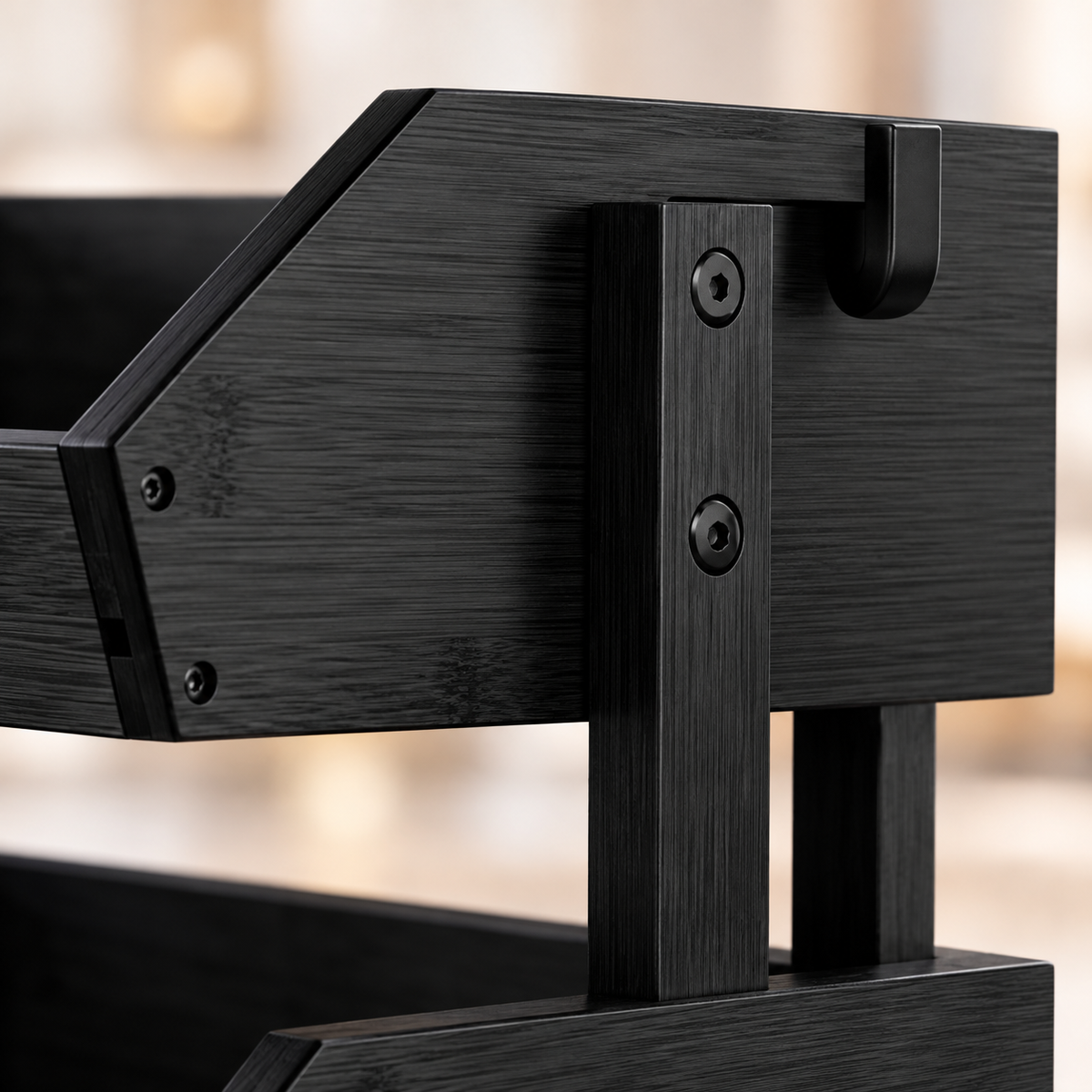 Jet-black bamboo organizer, close-up of upper-side hook and support fasteners