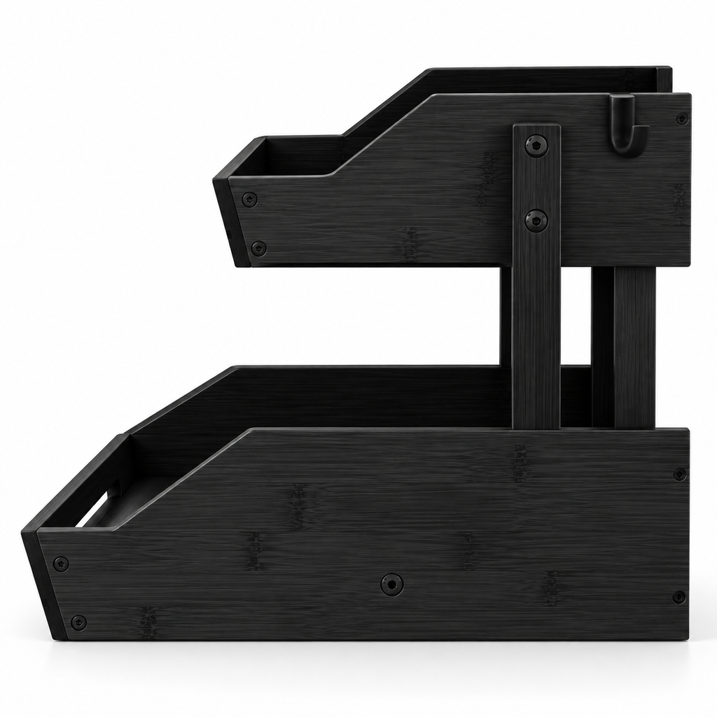 Jet-black bamboo two-tier organizer, side profile showing shelf depth and support posts
