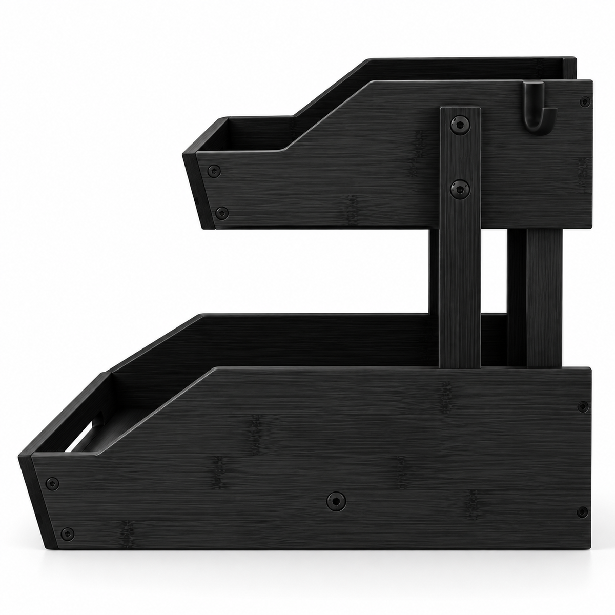 Jet-black bamboo two-tier organizer, side profile showing shelf depth and support posts