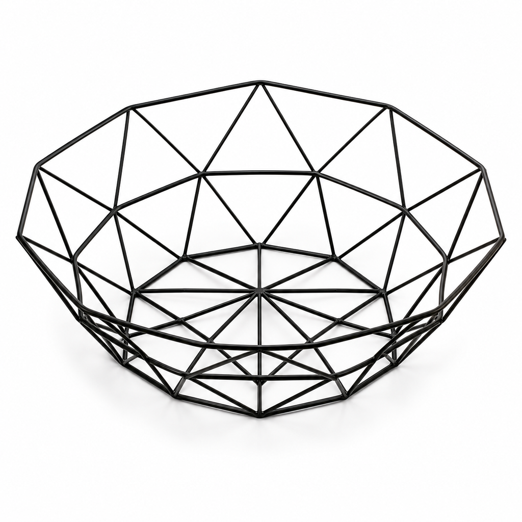 Empty black geometric wire fruit basket showing its open interior on white
