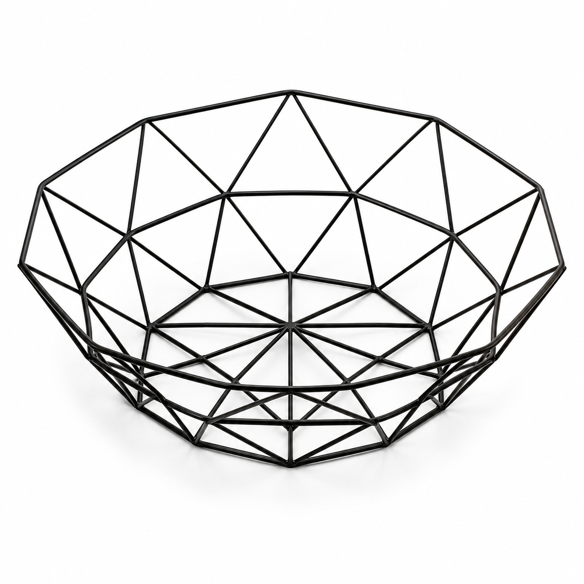 Empty black geometric wire fruit basket showing its open interior on white
