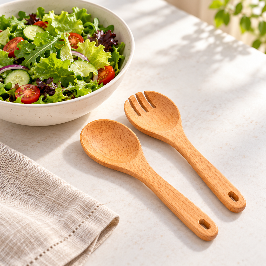 Wood salad servers beside a salad bowl and linen napkin; styling props not included.