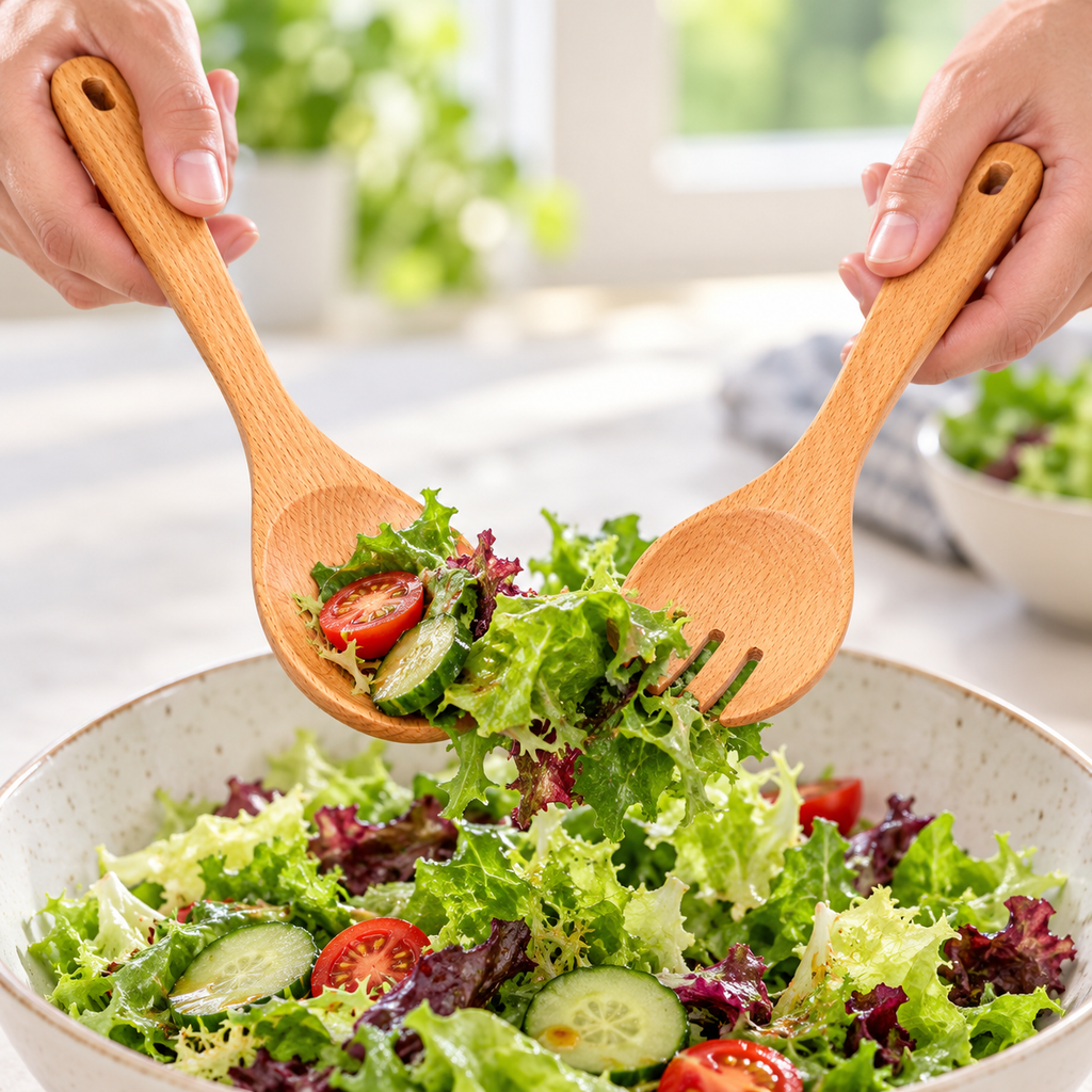 Hands lifting salad with wooden spoon and fork; food and bowls are styling props, not included.