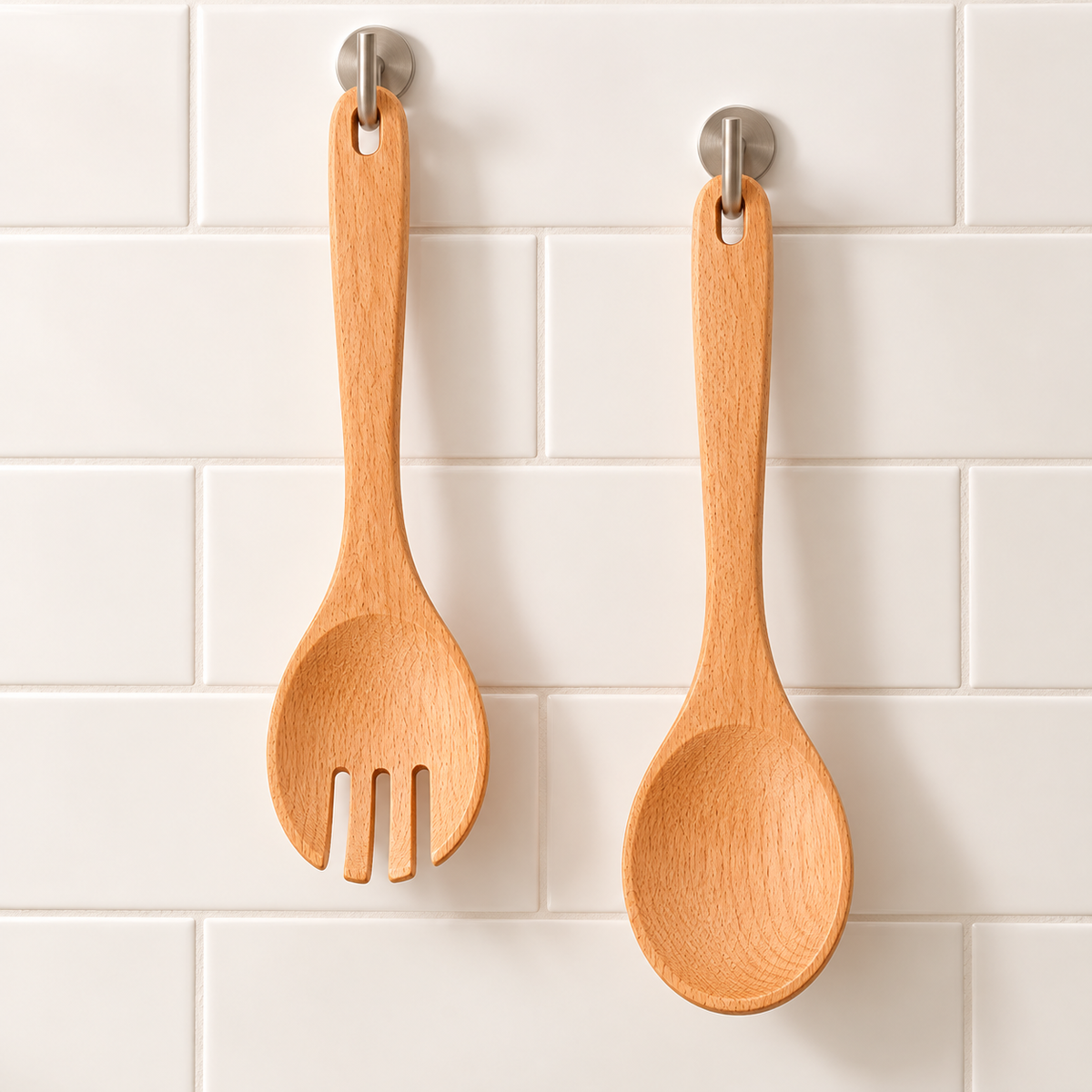 Wood spoon and fork hanging from their handle holes; wall hooks not included.