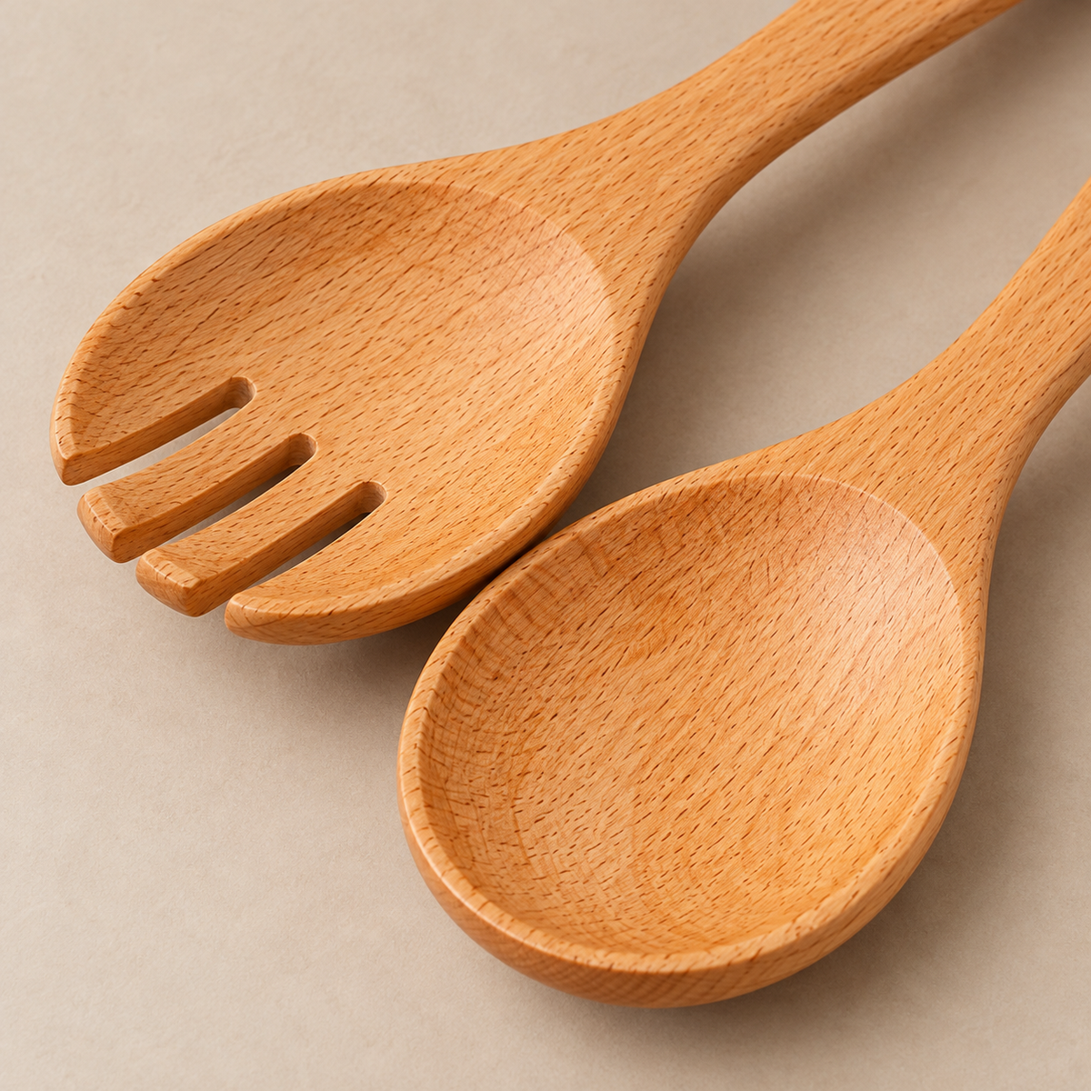 Close-up of the wooden spoon bowl and four-tine salad fork.