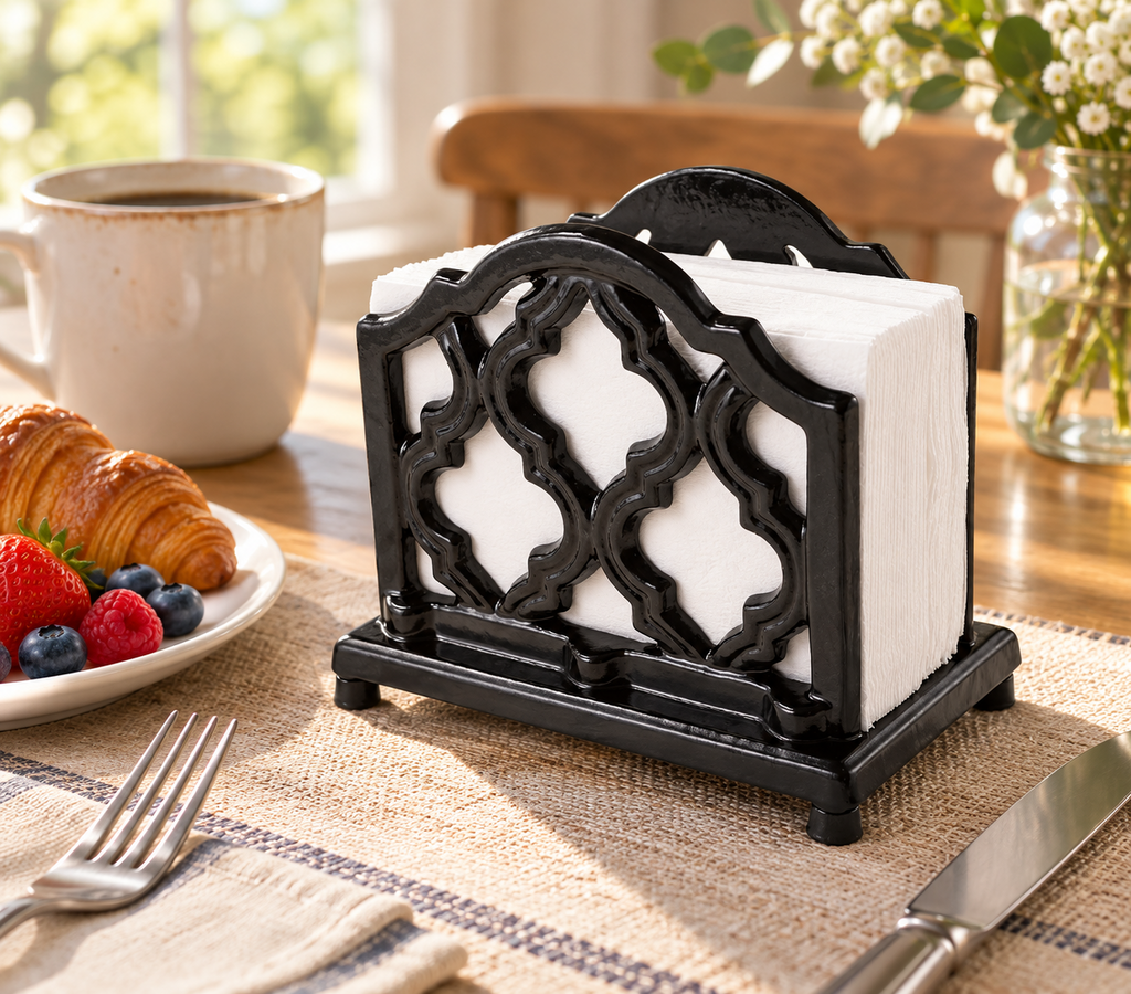 Black trellis cast iron napkin holder - breakfast table; napkins and styling props not included