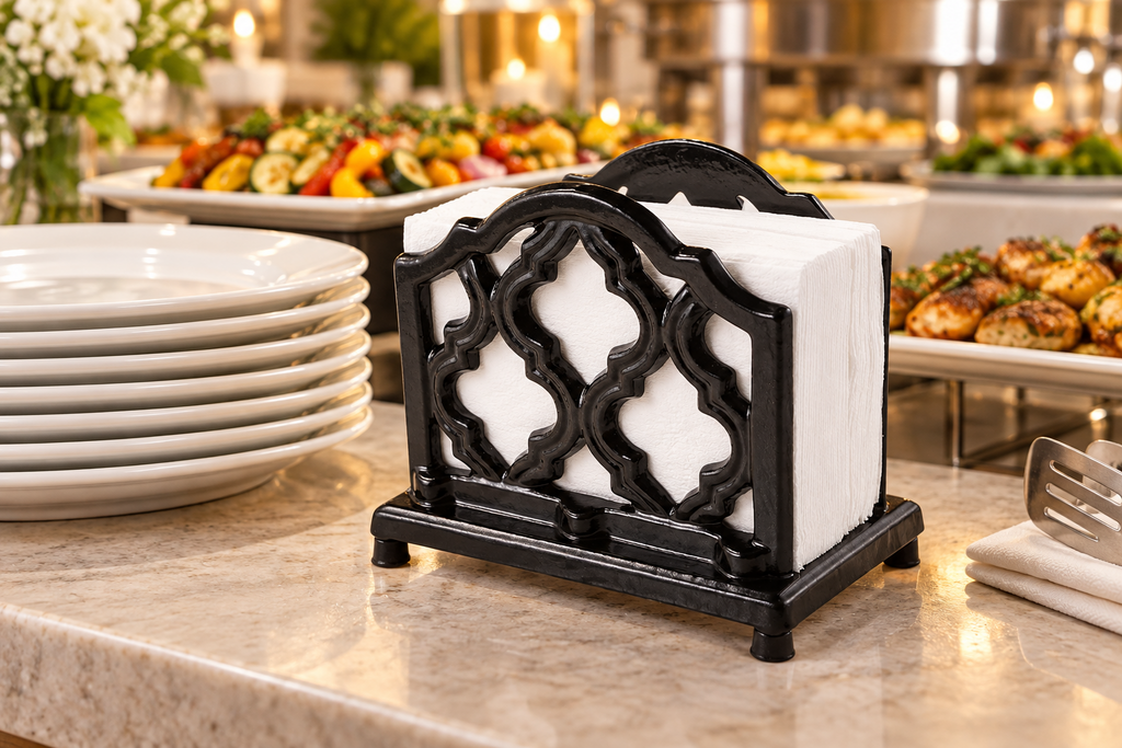 Black trellis cast iron napkin holder - buffet; napkins and styling props not included