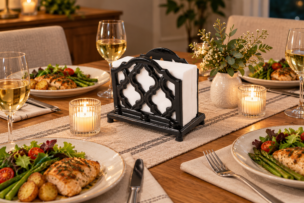 Black trellis cast iron napkin holder - four person dinner; napkins and styling props not included