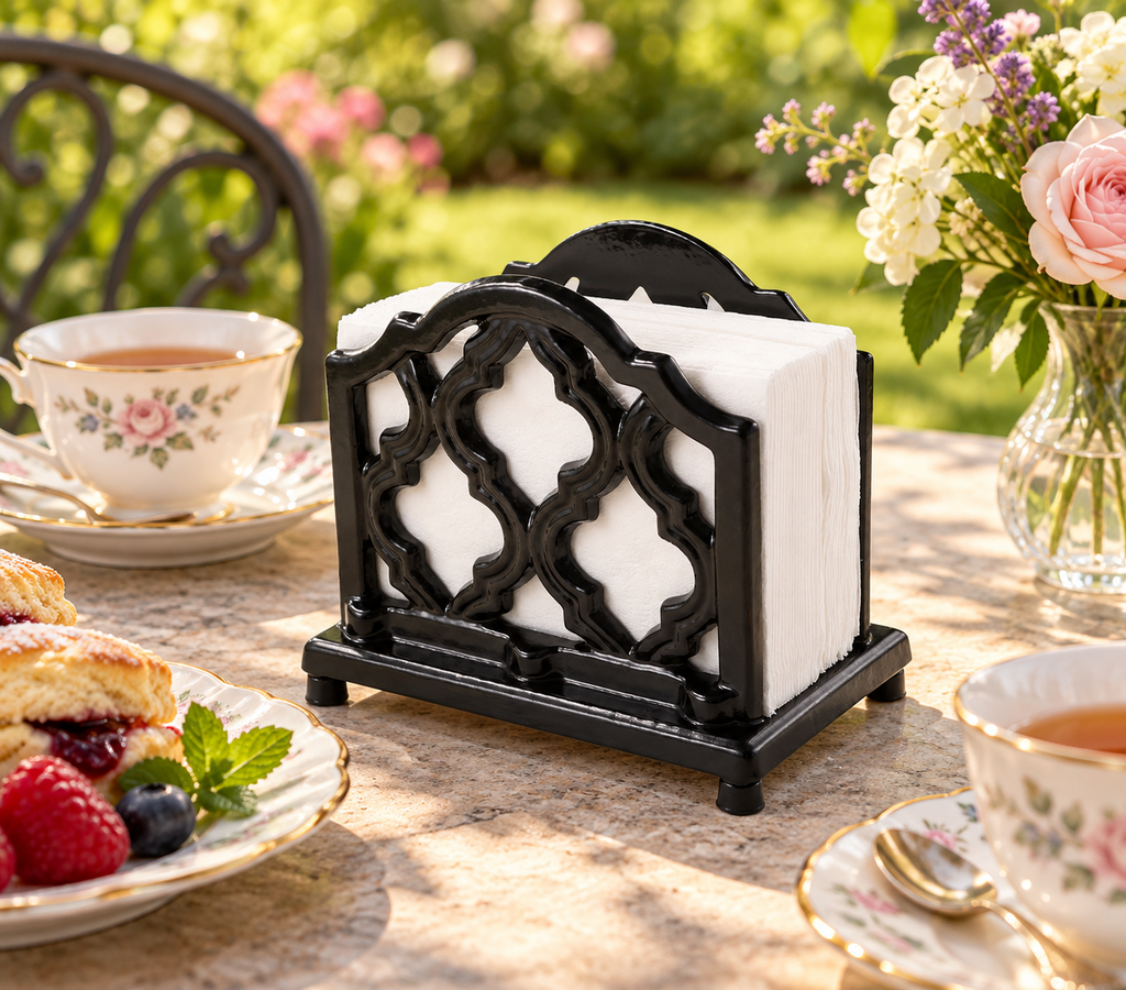 Black trellis cast iron napkin holder - garden tea; napkins and styling props not included