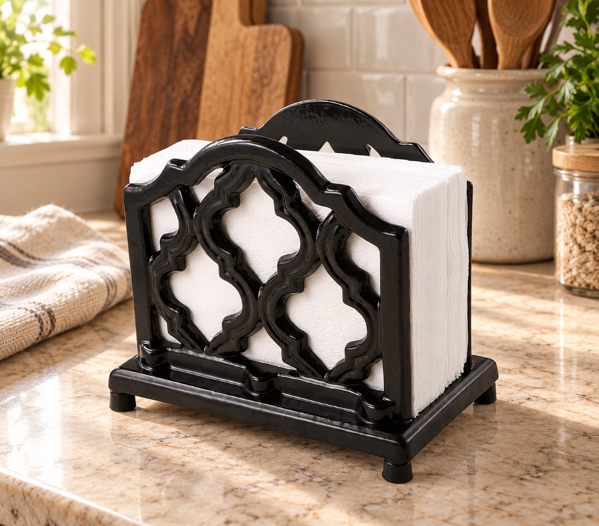 Black trellis cast iron napkin holder - kitchen counter; napkins and styling props not included
