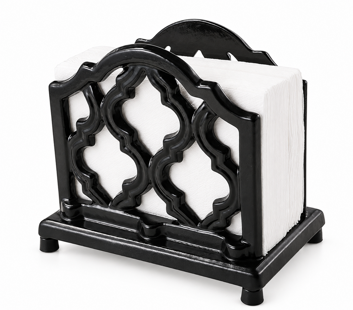 Black trellis cast iron napkin holder - white background; napkins and styling props not included