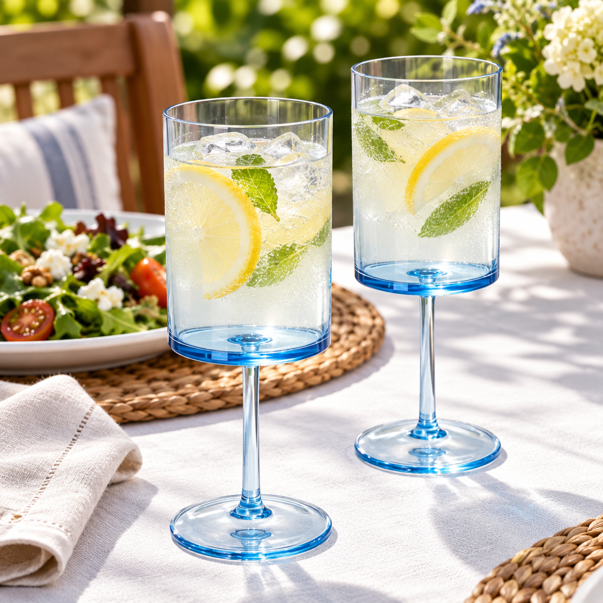Blue acrylic wine cups: dining view