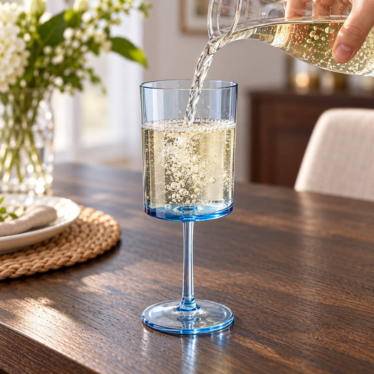 Blue acrylic wine cups: pouring view