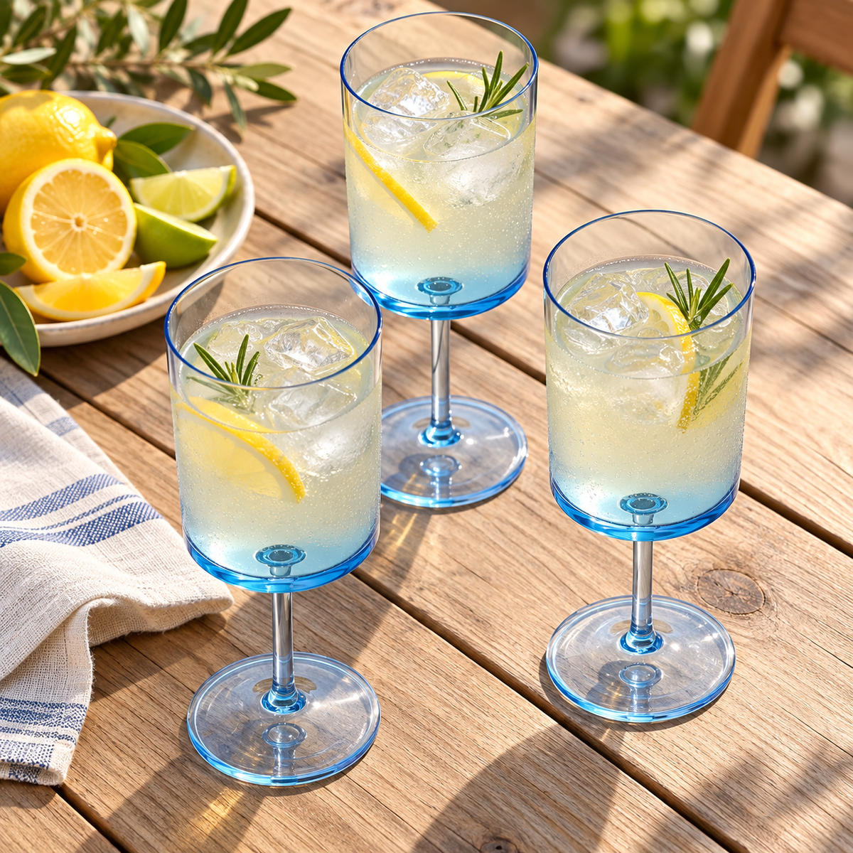 Blue acrylic wine cups: overhead view