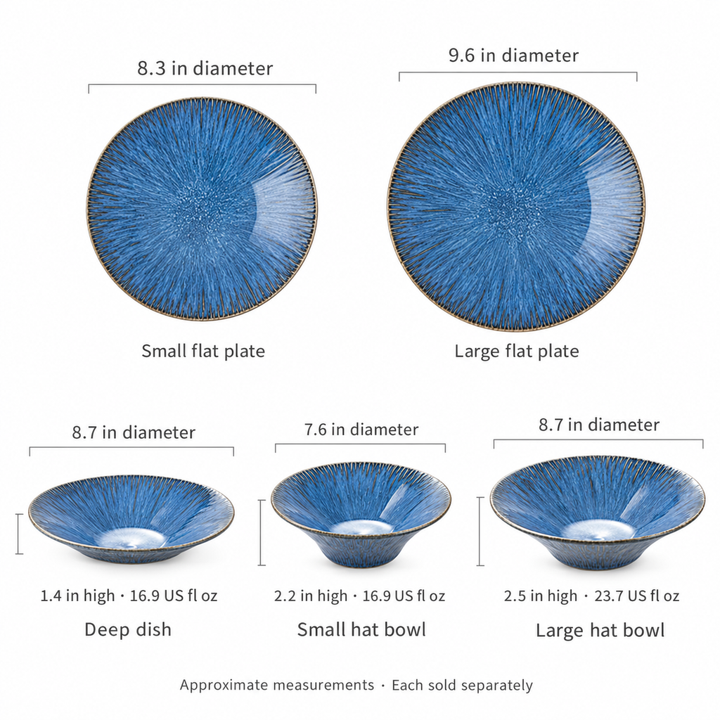 Source-derived approximate kiln-blue plate and bowl measurements in inches and US fluid ounces