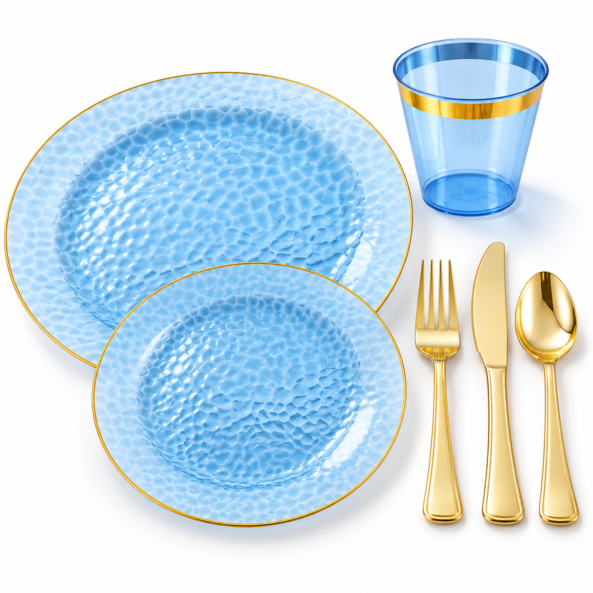 Selected blue and gold plates, cup and gold-tone cutlery on white; napkin not shown.
