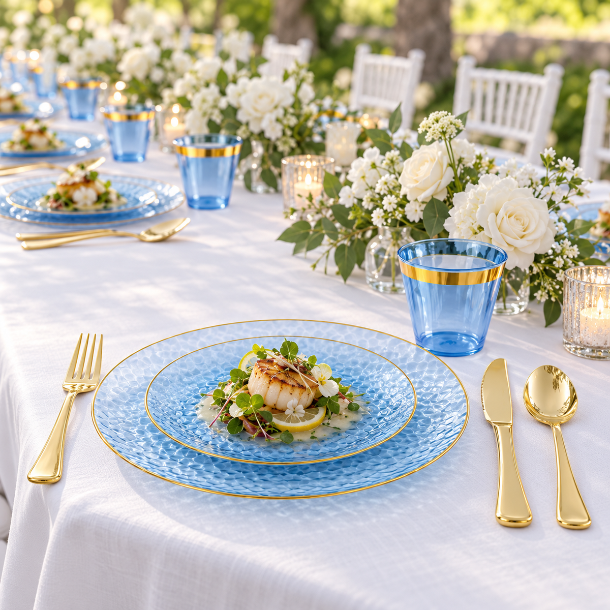 Blue and gold dinnerware arranged on a banquet table; selected components shown, flowers and food are styling props.