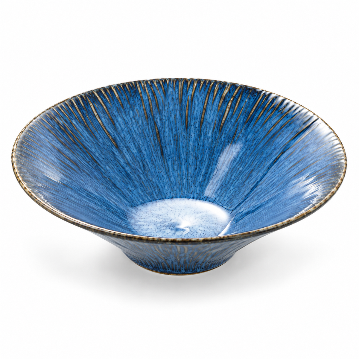 Large kiln-blue flared hat bowl on white