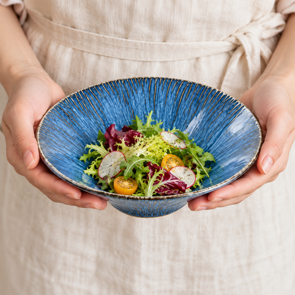 Adult holding a kiln-blue hat bowl with salad; food not included