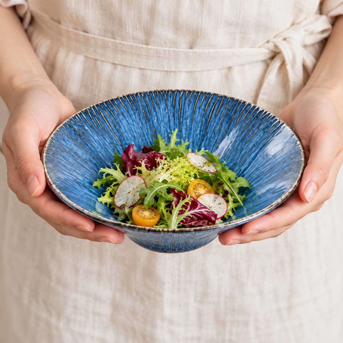 Adult holding a kiln-blue hat bowl with salad; food not included