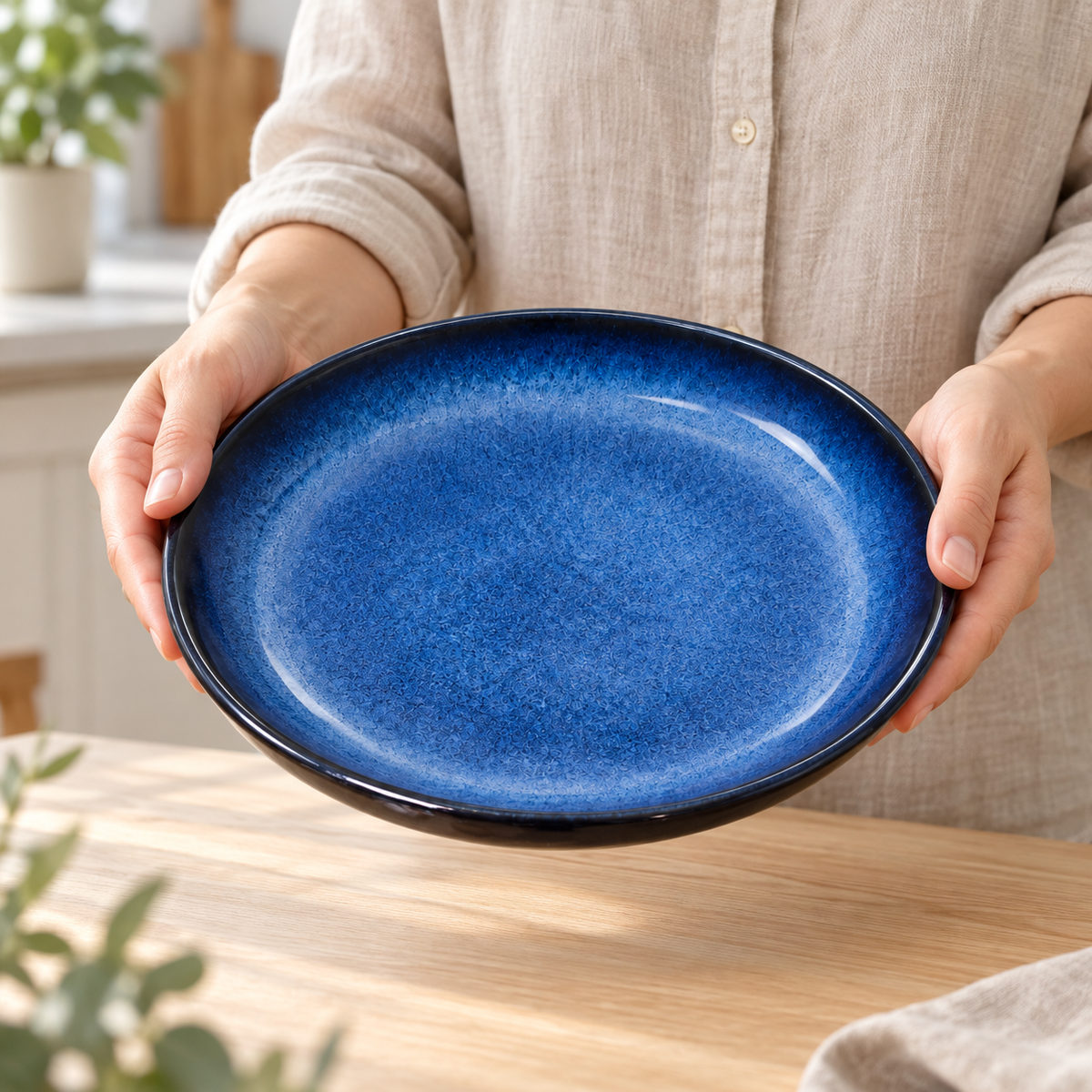 Blue gradient porcelain plate held for scale, empty