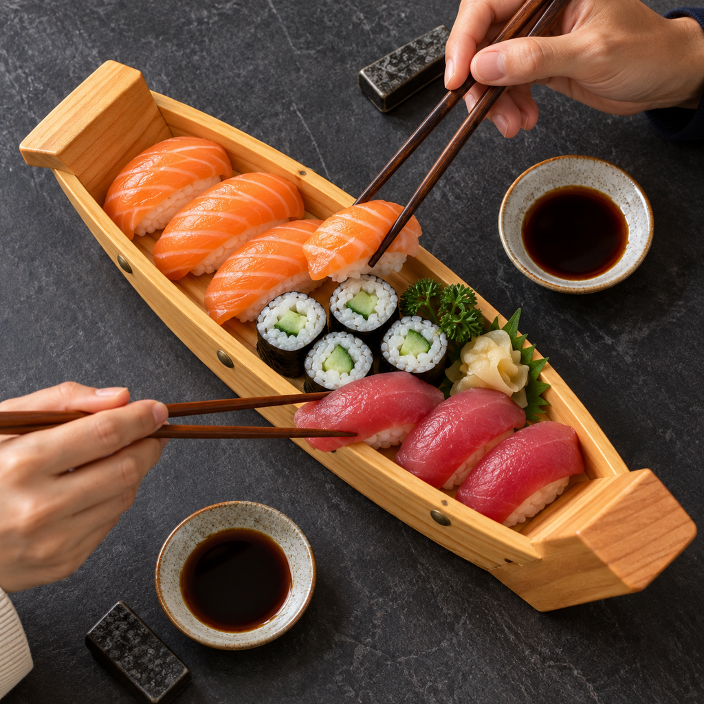 Pine sushi serving boat used for sharing sushi, high overhead view; food and accessories not included