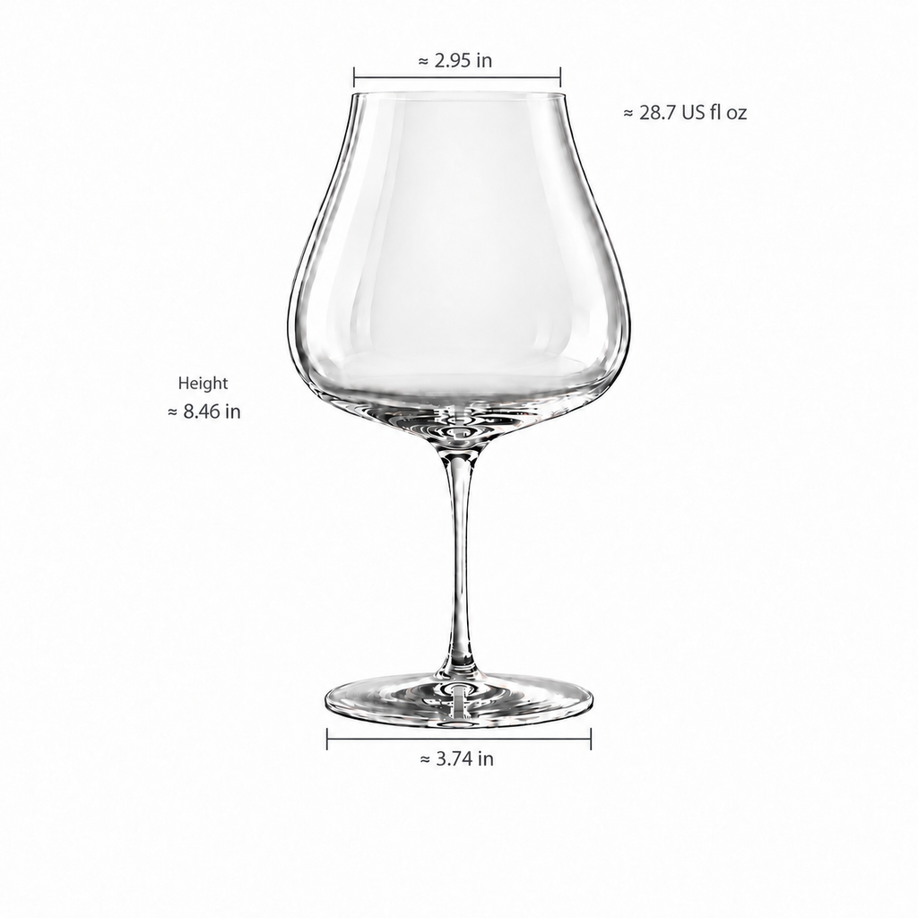 bordeaux crystal glass with approximate inch dimensions and US fl oz capacity on white