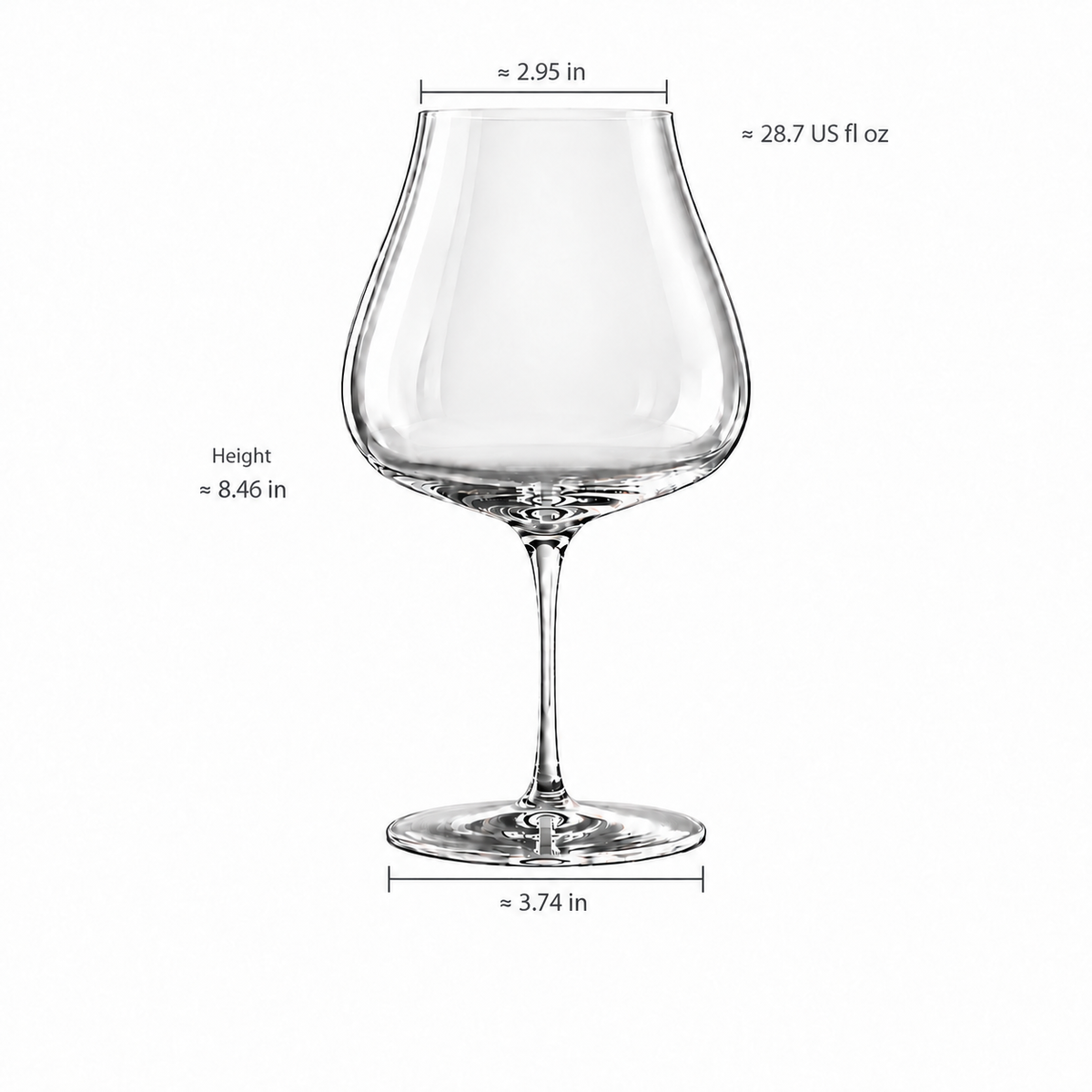 bordeaux crystal glass with approximate inch dimensions and US fl oz capacity on white