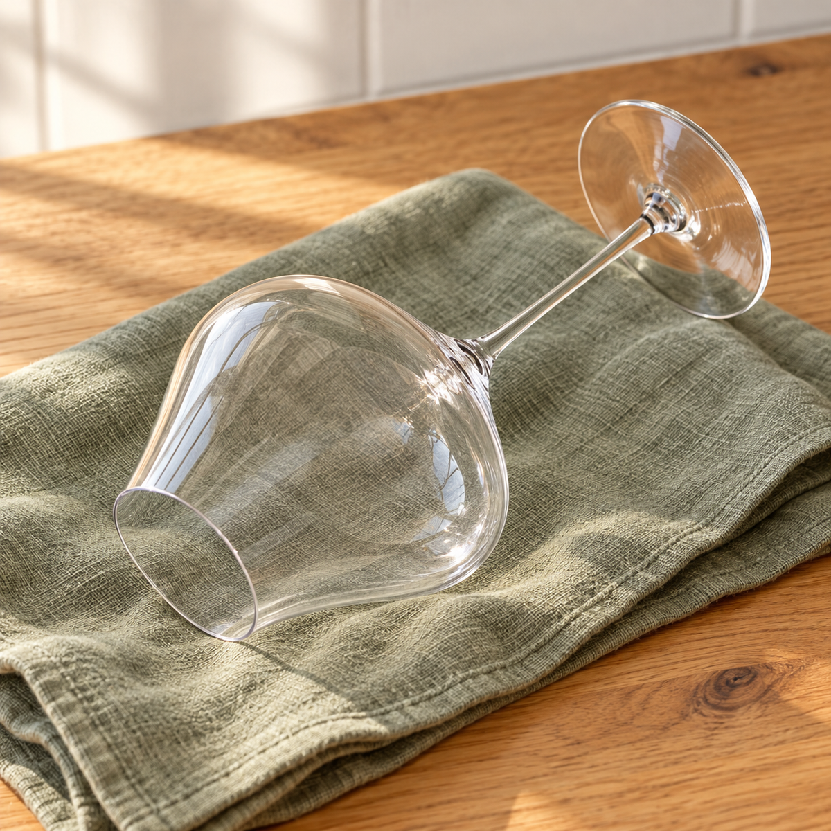 Empty Bordeaux glass resting on sage linen, showing the bowl opening, stem and foot