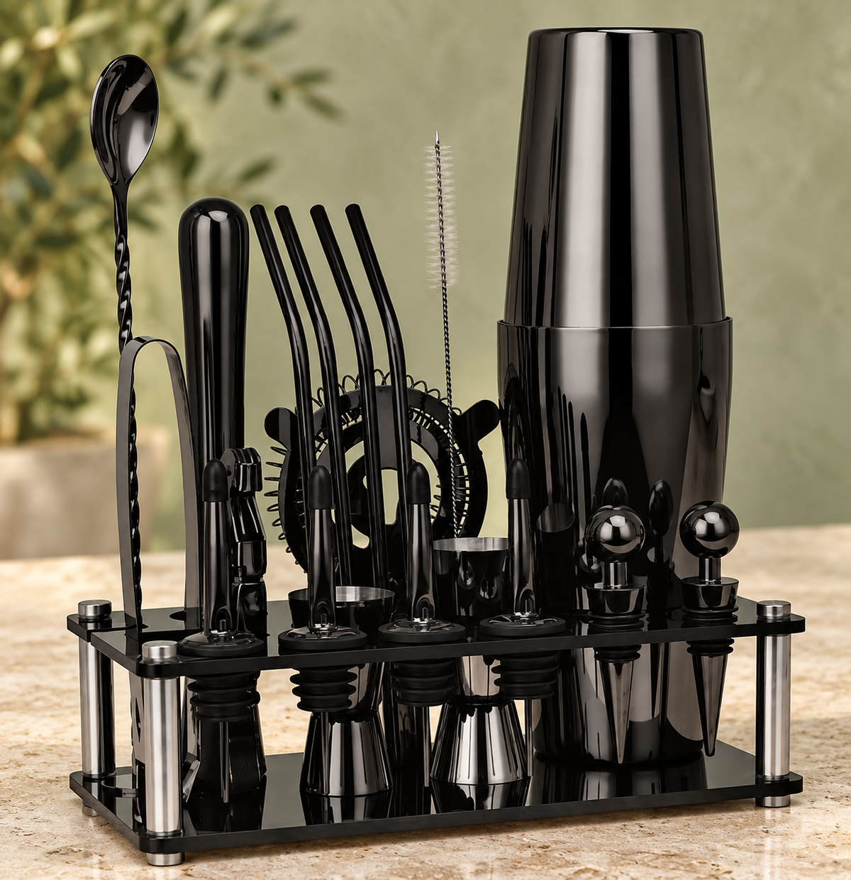 Black finish Boston cocktail shaker and visible bar tools in black stand on a countertop