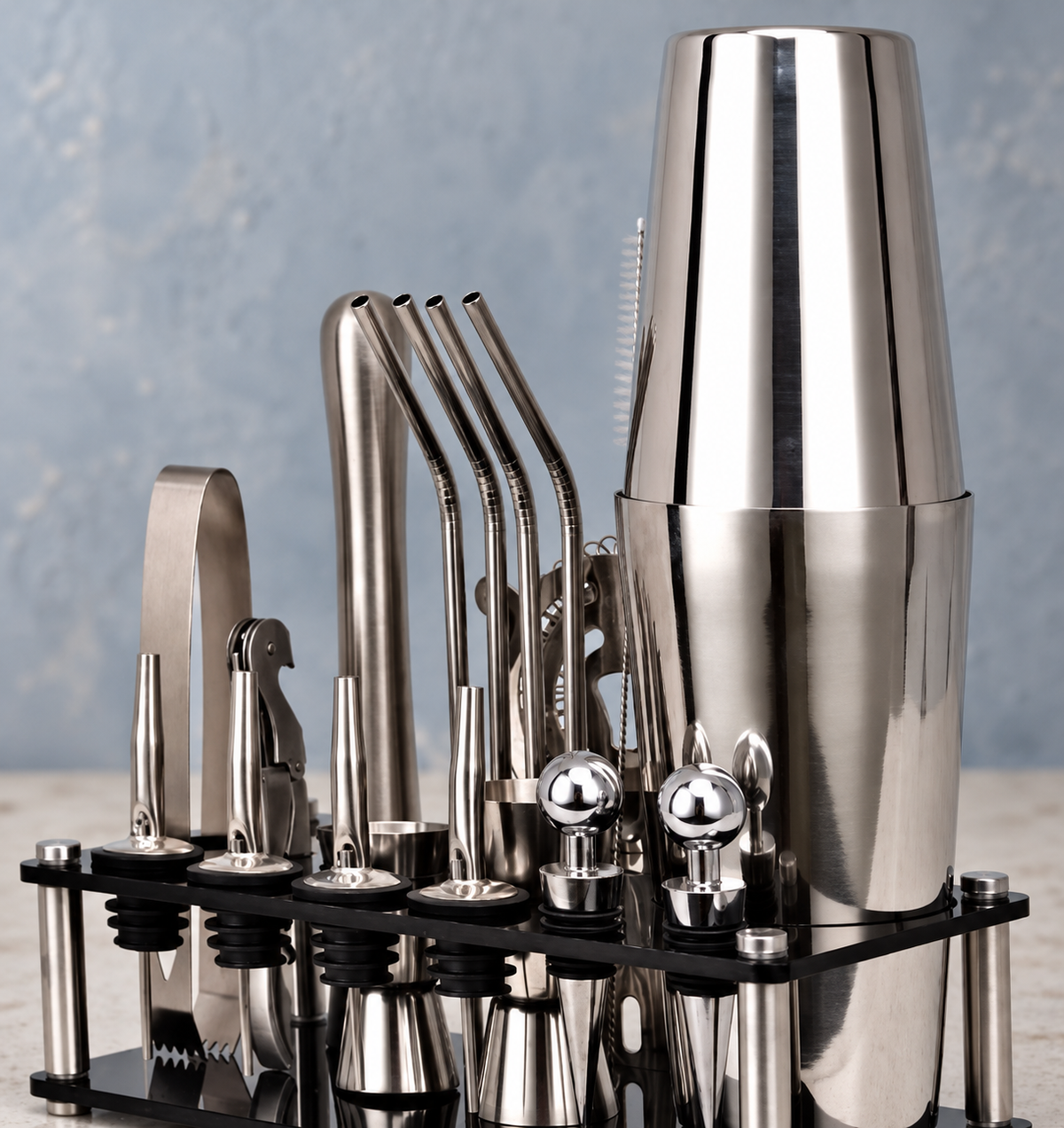 Silver finish Boston cocktail shaker and visible bar tools in black stand on a countertop