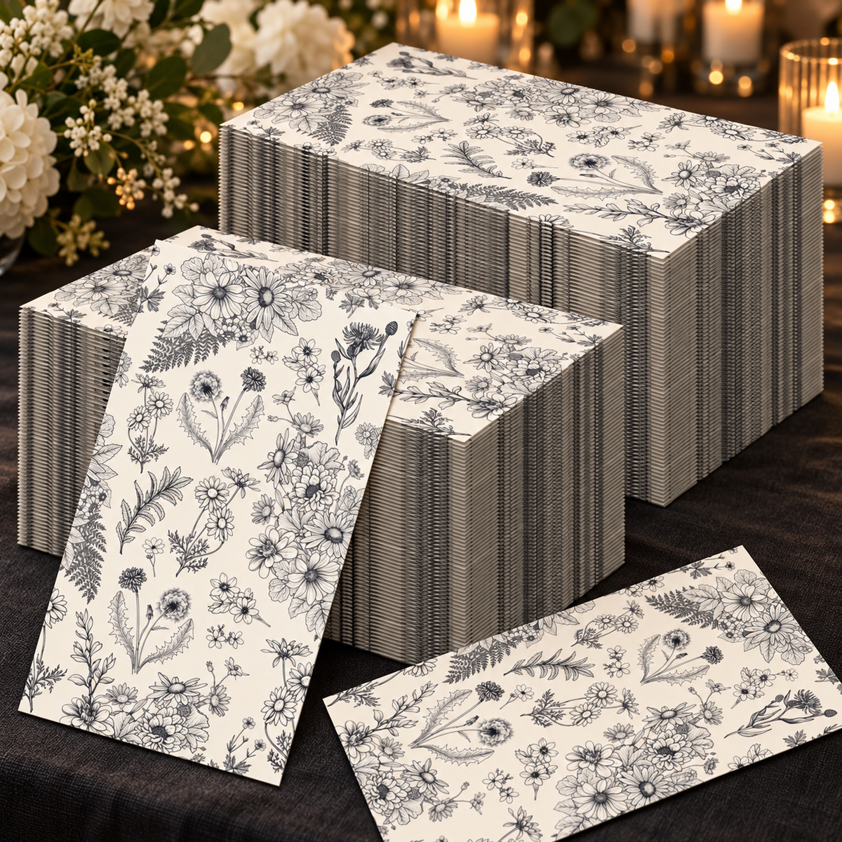 Black and white botanical paper guest napkins with the supplier floral print at a candlelit serving table. Representative arrangement; not all 120 napkins are shown. Flowers, candles and linen are props, not included.
