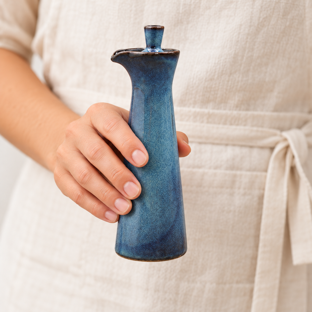 Hand holding the blue ceramic condiment bottle upright