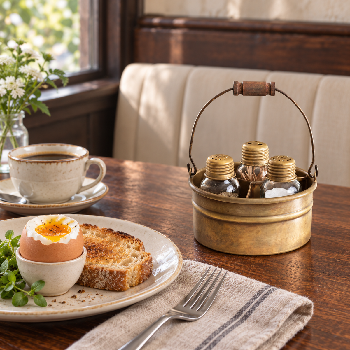 Condiment caddy beside a bistro breakfast