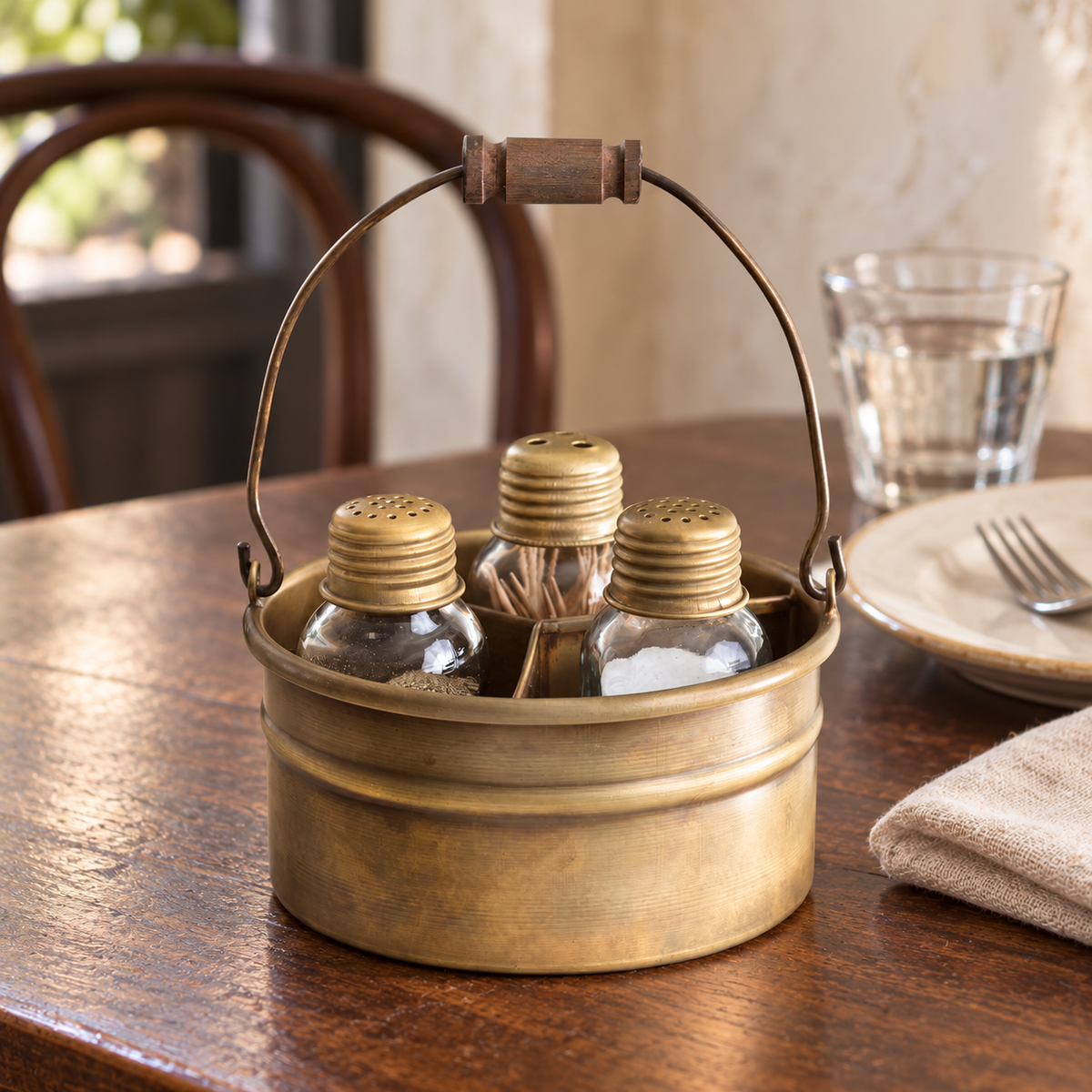 Condiment caddy on a bistro dining table