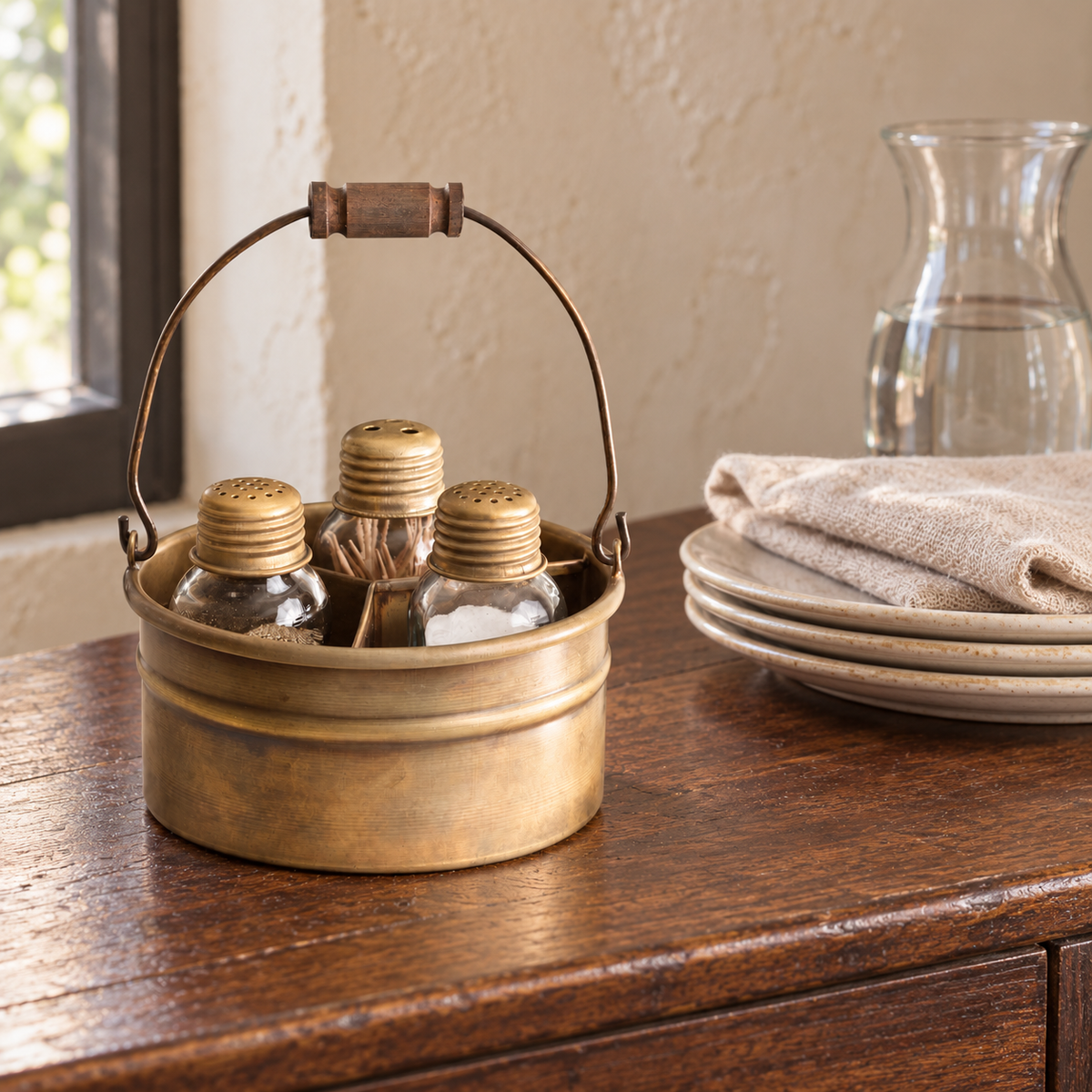 Condiment caddy on a restaurant sideboard