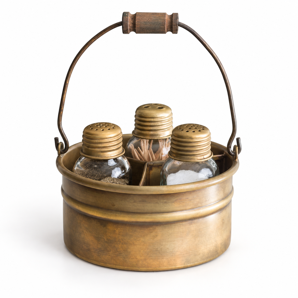 Antique-brass-finish caddy with three lidded jars on white background