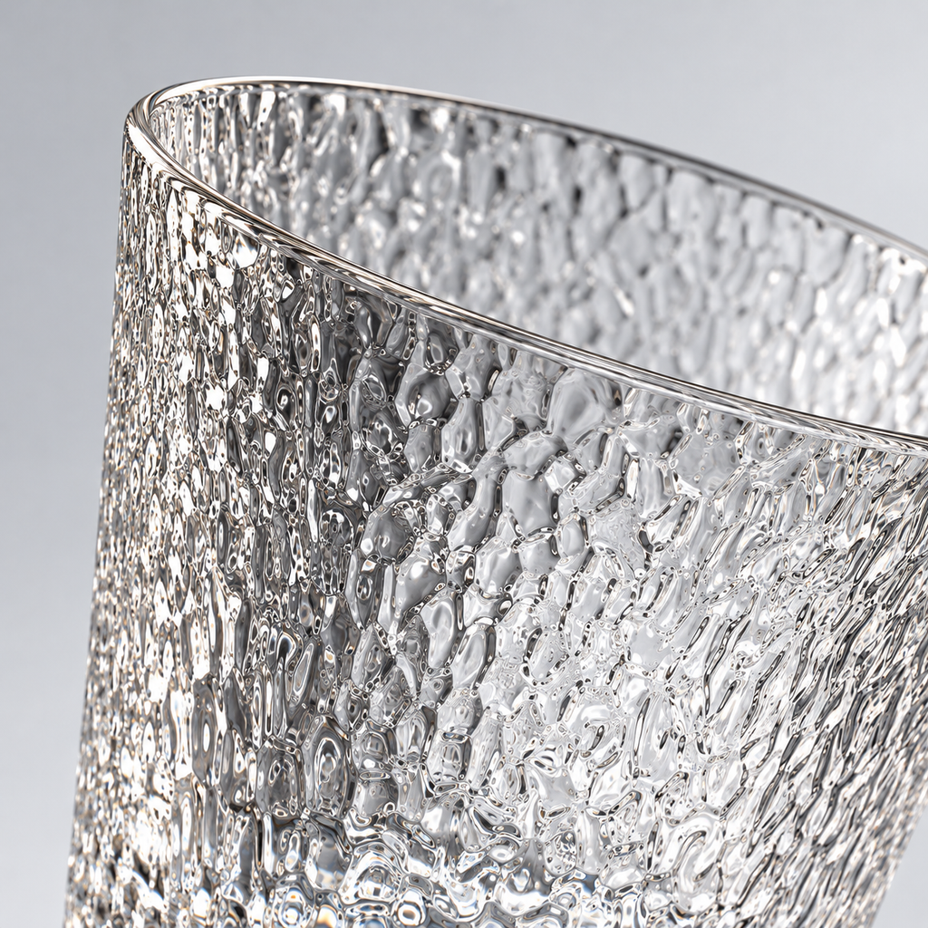 Brina whiskey glass rim and textured wall close-up