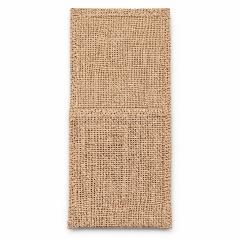 Plain Style C burlap-style cutlery pouch on a white background.