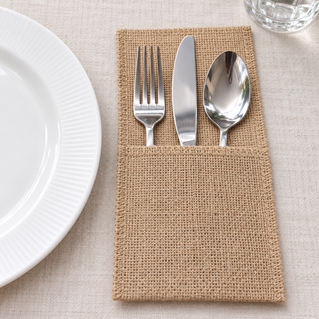 Plain Style C pouch styled with a fork, knife and spoon. Cutlery and tableware are not included.