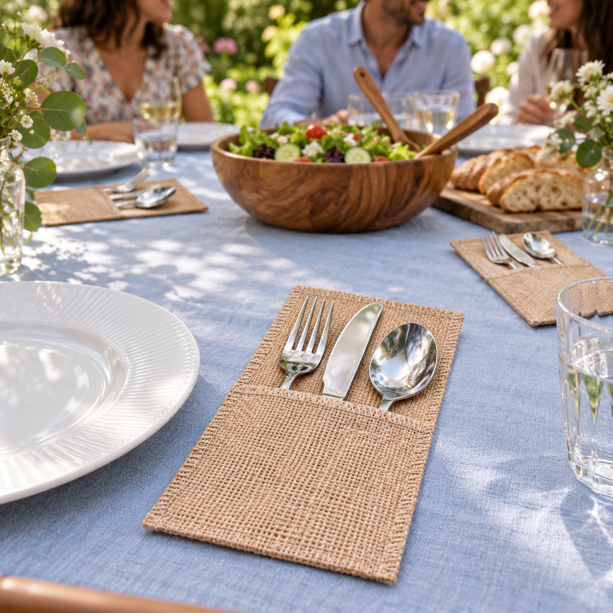 Plain Style C pouches styled with cutlery at a garden gathering. Cutlery, tableware and decor are not included.