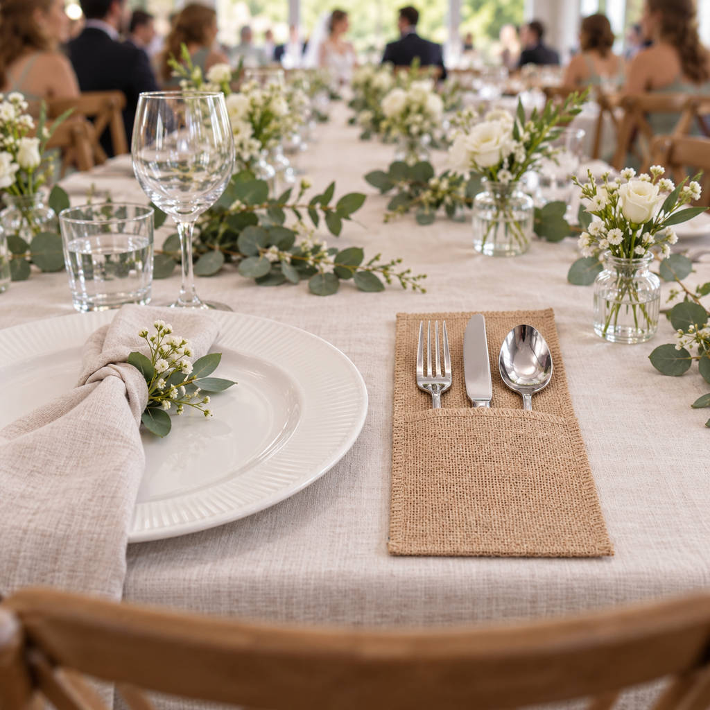 Plain Style C pouches styled with cutlery at a wedding table. Cutlery, tableware and decor are not included.