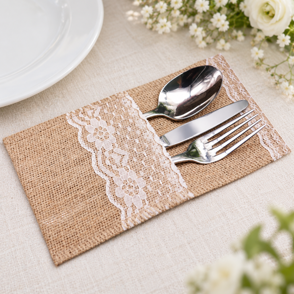 Style B pouch with broad front trim and narrow top trim, styled with cutlery. Cutlery, tableware and decor are not included.
