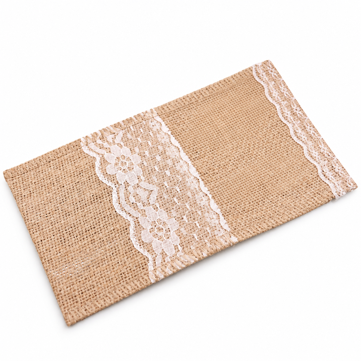 Style B cutlery pouch with broad floral front trim and narrow top trim on a white background.