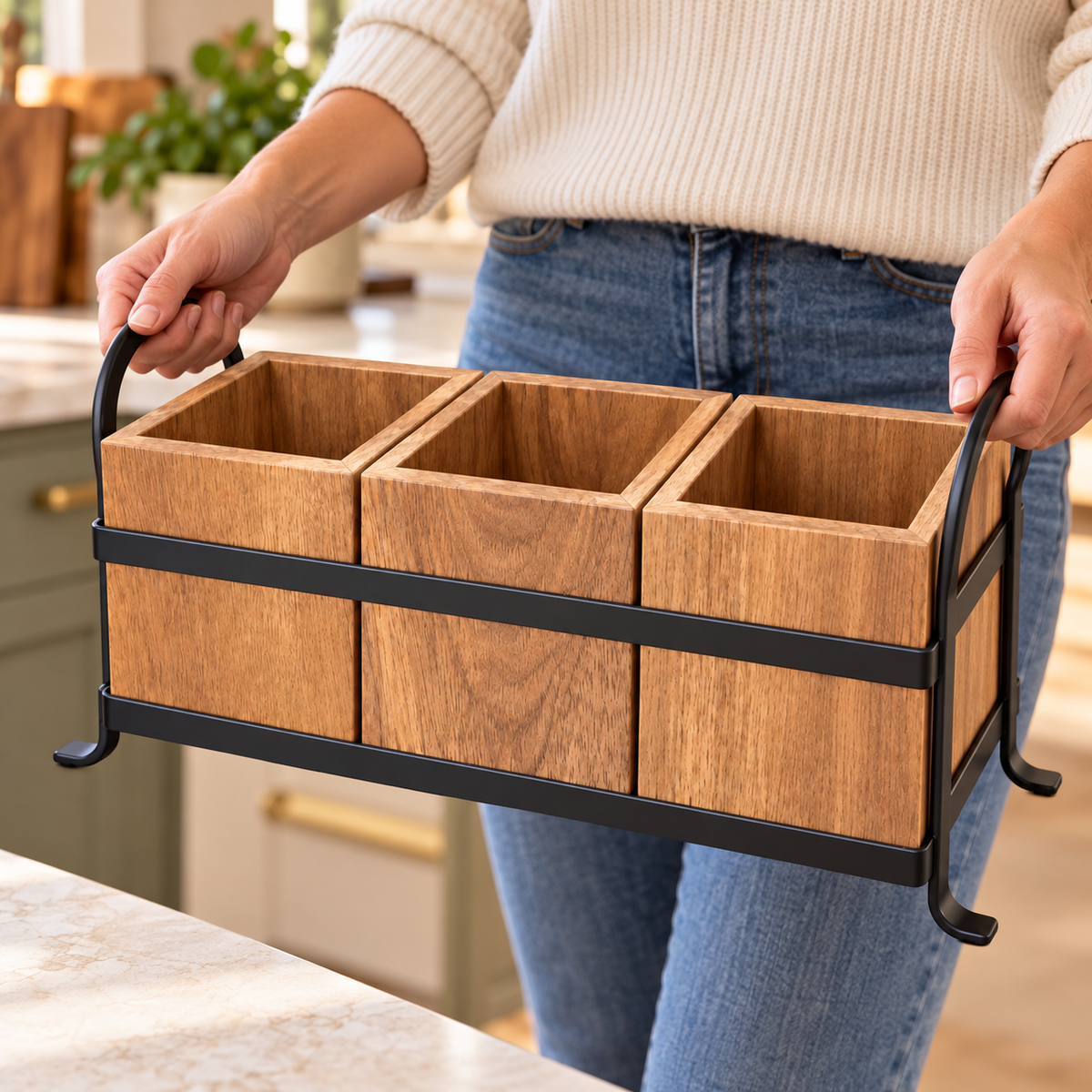 Acacia three-compartment utensil caddy carried by both black metal end handles