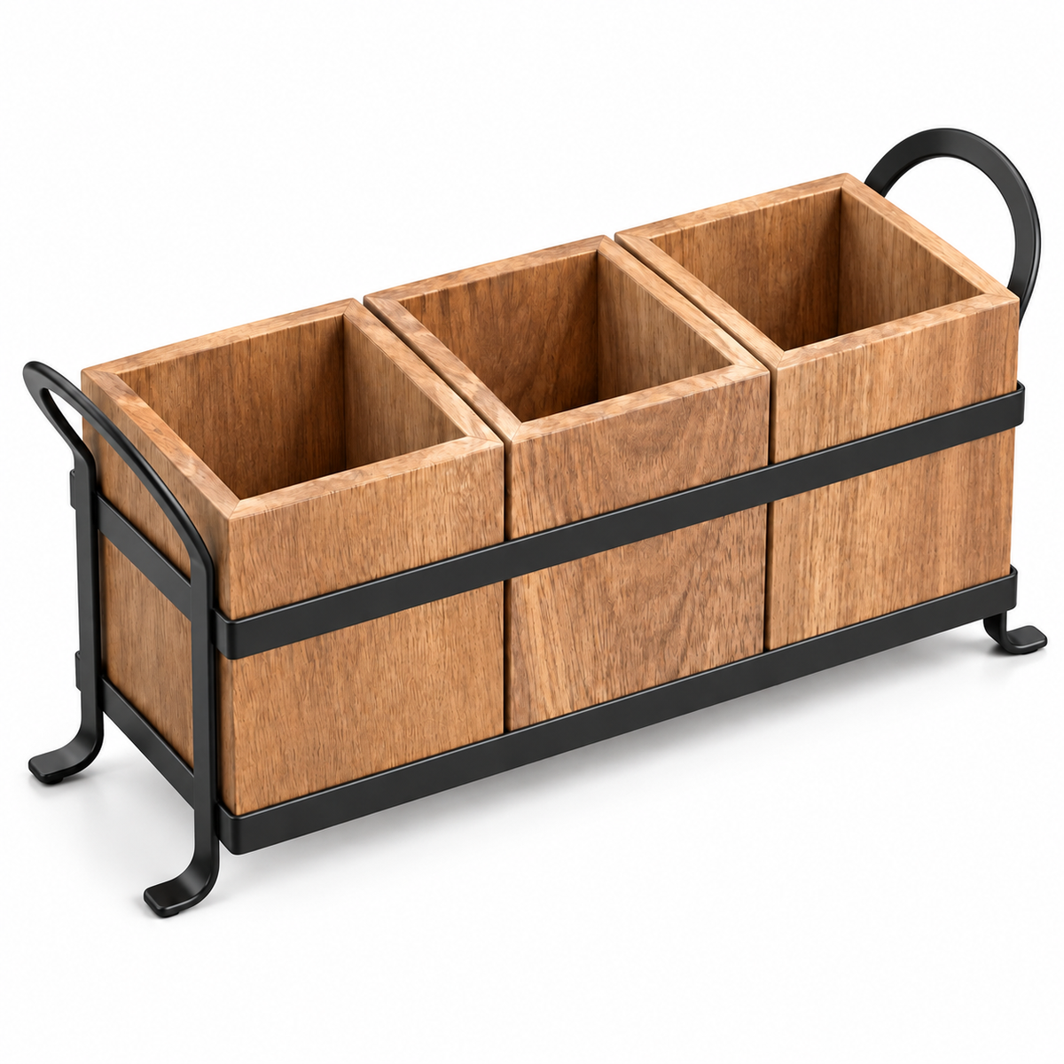 Empty acacia utensil caddy with three compartments and black metal frame on white