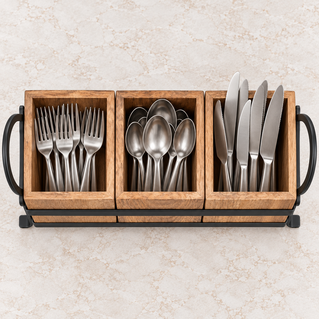 Overhead view of three-compartment acacia caddy organizing cutlery; cutlery not included