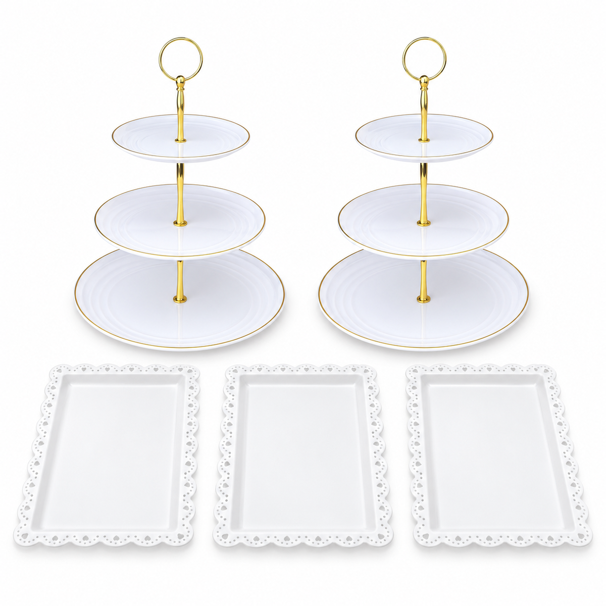 Five-piece display set on white: two three-tier round stands with gold-tone posts and three white scalloped rectangular trays.